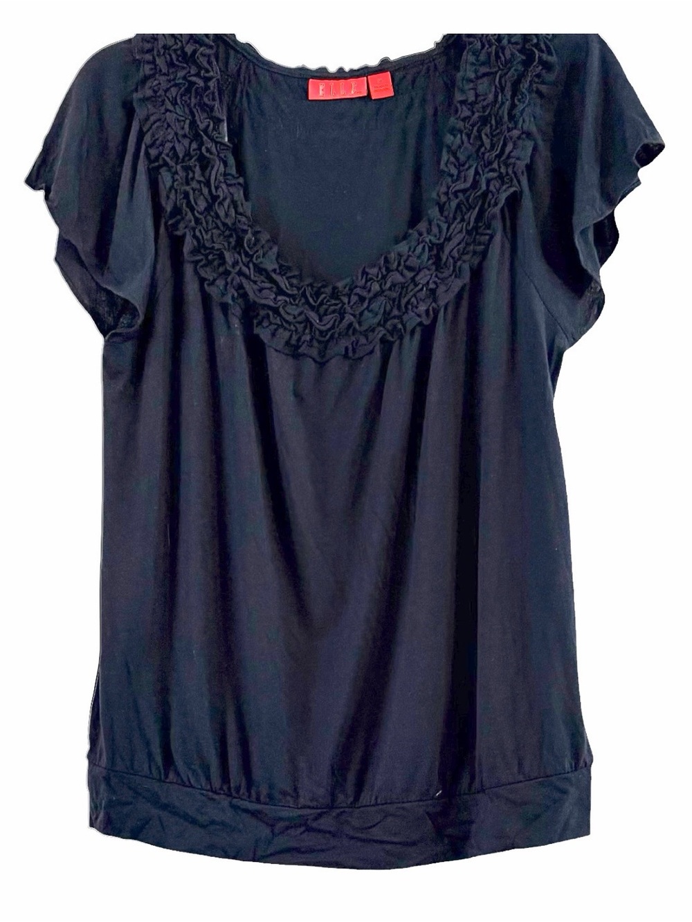 Elle Black Ruffle Scoop Neck Continuous Collar Flutter Sleeve Top Size M